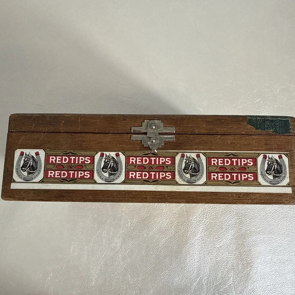 Red Tips Cigar Storage Box. Vintage Wooden. Metal Clasp.